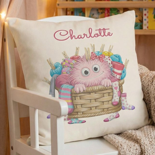Cute Pink Fluffy Sock Monster Kids Design Throw Pillow (Creator Uploaded)