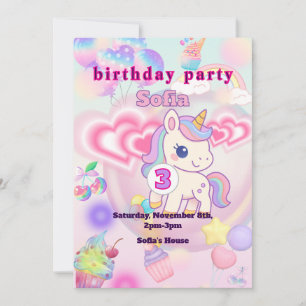 Cute Pink Fluffy Unicorn Birthday Party for Girls Invitation