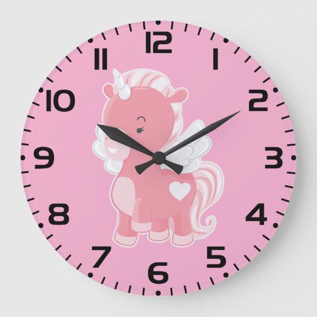 Cute Pink Flying Unicorn Pegacorn Large Clock (Front)