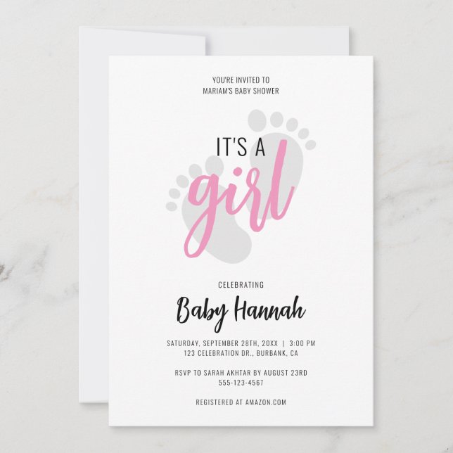 Cute Pink Footprints It’s a Girl Baby Shower Invit Invitation (Front)