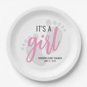 Cute Pink Footprints It’s a Girl Baby Shower Paper Plate