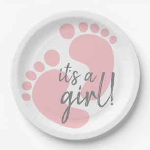 Cute Pink Footprints It's A Girl Baby Shower Paper Plate