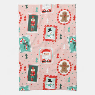 Cute Pink Framed Christmas Icons Kitchen Towel
