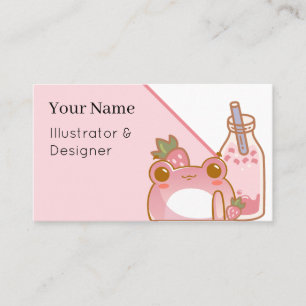 Cute Pink Frog and Strawberry Bubble Tea Business Card