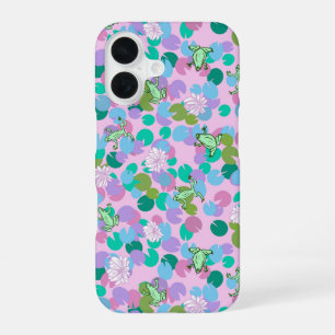 Cute pink frog art with waterlilies girly iPhone 16 case