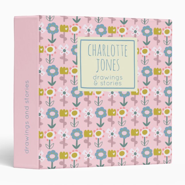 Cute Pink Garden Flowers Personalized Name Binder (Front/Spine)