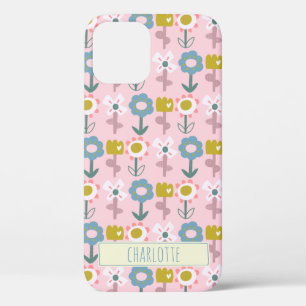 Cute Pink Garden Flowers Personalized Name iPhone 12 Case