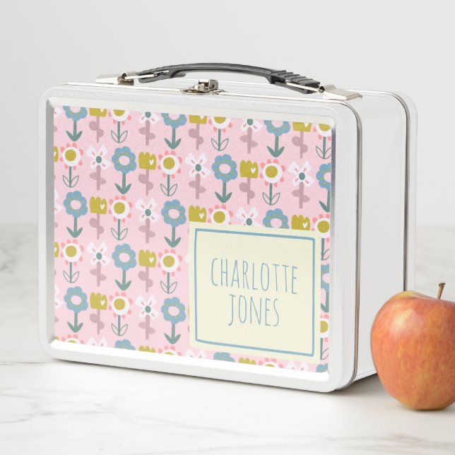 Cute Pink Garden Flowers Personalized Name Metal Lunch Box (In Situ)