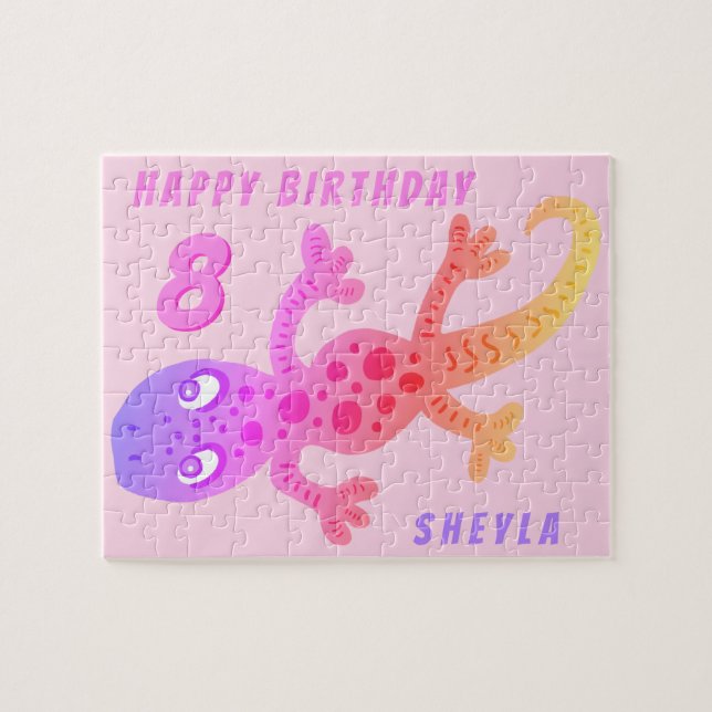Cute Pink Gecko Lizard Girl Birthday Jigsaw Puzzle (Horizontal)