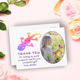 Cute Pink Gecko Lizard Girl Photo Birthday Thank Postcard