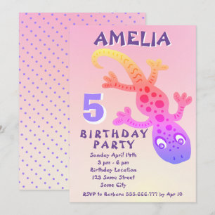 Cute Pink Gecko Lizard Girls Birthday Party Invita Invitation