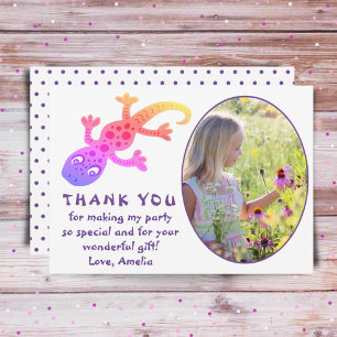 Cute Pink Gecko Lizard Girls Photo Birthday Thank Thank You Card