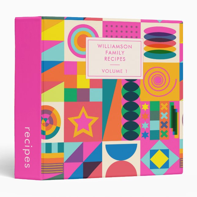 Cute Pink Geometric Personalized Recipe Cookbook Binder (Front/Spine)