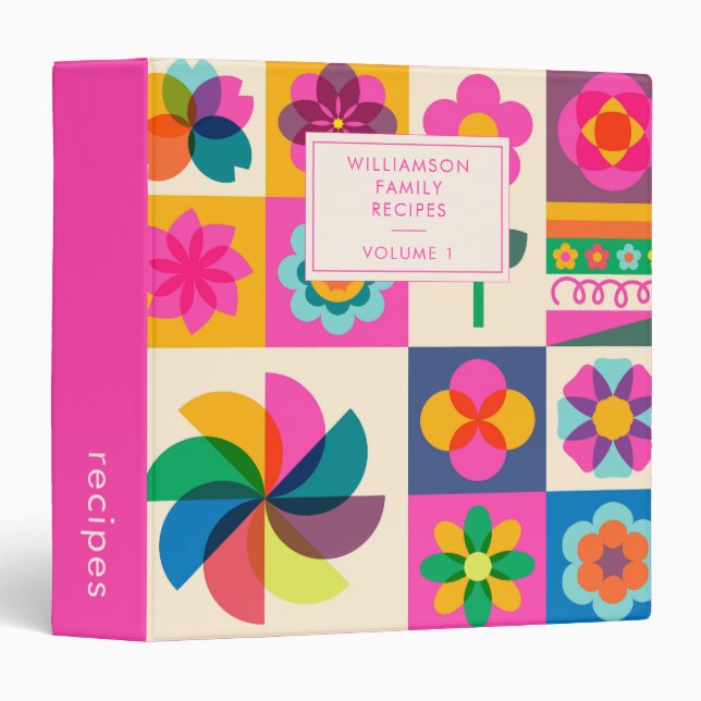Cute Pink Geometry Floral Custom Recipe Cookbook Binder (Front/Spine)