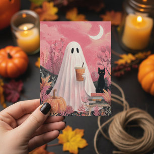 Cute Pink Ghost and Black cat Postcard
