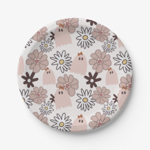 Cute Pink Ghost Floral Halloween Pattern Paper Plate