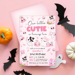 Cute Pink Ghost Halloween 2nd Birthday Invitation