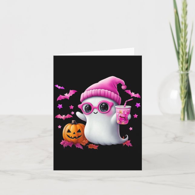 Cute Pink Ghost Halloween - Funny Retro Ghost with Card (Front)