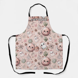 Cute Pink Ghost & Pastel Halloween Seamless Apron
