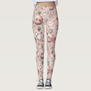 Cute Pink Ghost & Pastel Halloween Seamless Leggings