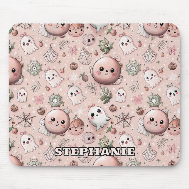 Cute Pink Ghost & Pastel Halloween Seamless Mouse Pad (Front)