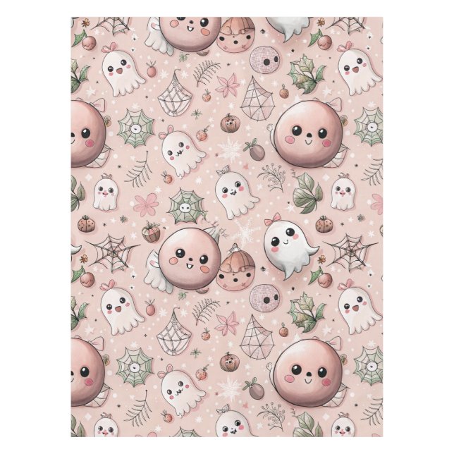 Cute Pink Ghost & Pastel Halloween Seamless Tablecloth (Front)
