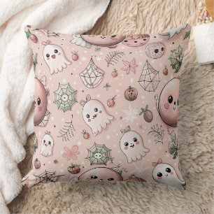 Cute Pink Ghost & Pastel Halloween Seamless Throw Pillow