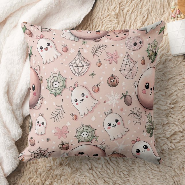 Cute Pink Ghost & Pastel Halloween Seamless Throw Pillow (Blanket)