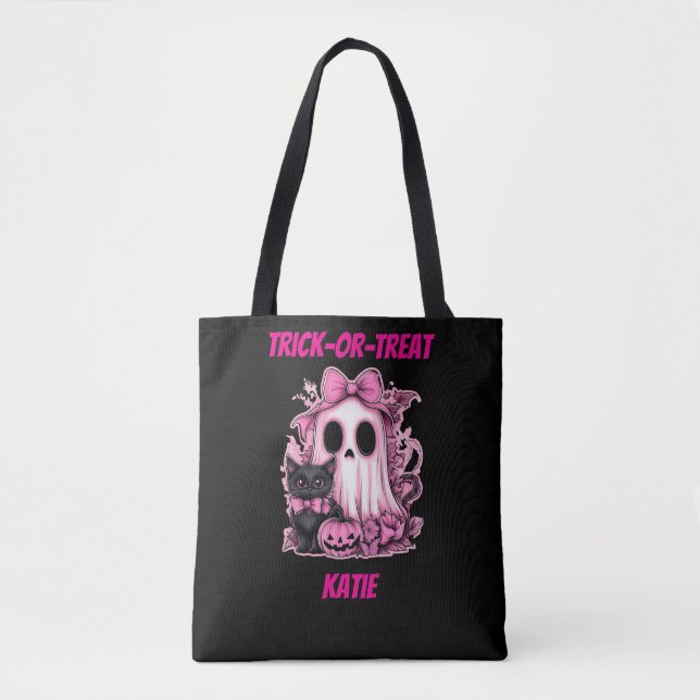 Cute Pink Ghost Personalized Halloween Tote Bag (Front)