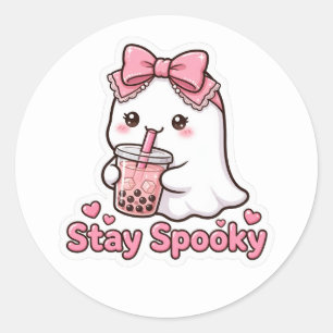 Cute Pink Ghost Pumpkin Bow Classic Round Sticker