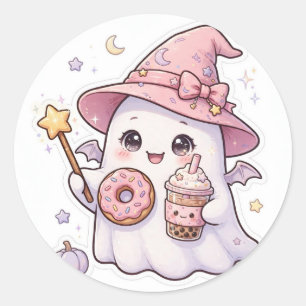 Cute Pink Ghost Witch Doughnut Boba Halloween Stic Classic Round Sticker