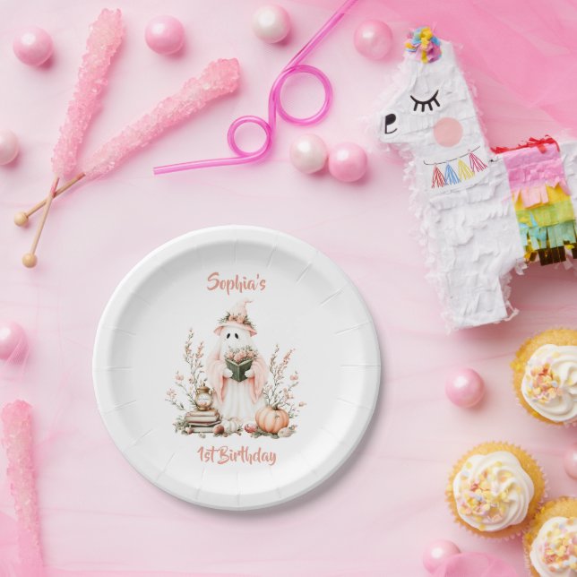 Cute Pink Ghost with Roses and Pumpkin  Halloween Paper Plate (Party)