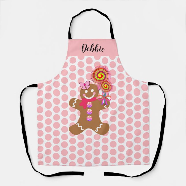 Cute Pink Gingerbread Girl Personalized Baking Apron (Front)