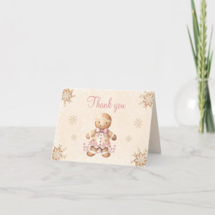 Cute Pink Gingerbread Man Christmas Baby Shower Thank You Card