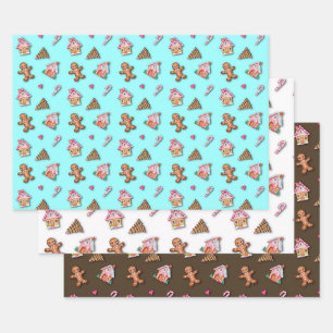 Cute Pink Gingerbread Man Cookies, Houses Wrapping Paper Sheet