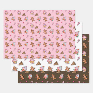 Cute Pink Gingerbread Man Cookies, Houses Wrapping Paper Sheet