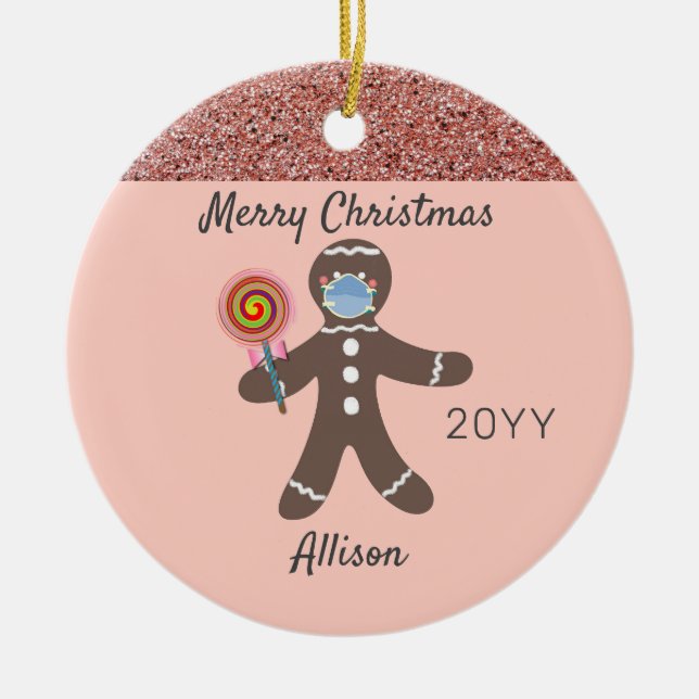 Cute Pink Gingerbread Man Wearing Face Mask Ceramic Ornament (Front)