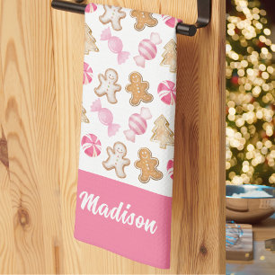Cute Pink Gingerbread Pattern Personalized Baking  Kitchen Towel
