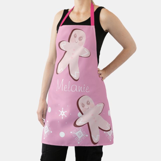 Cute Pink Gingerbread Snowflakes Christmas Apron (Insitu)