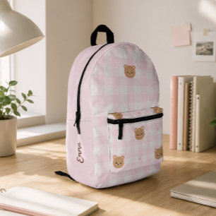 Cute Pink Gingham Bear Girl School Personalized Printed Backpack