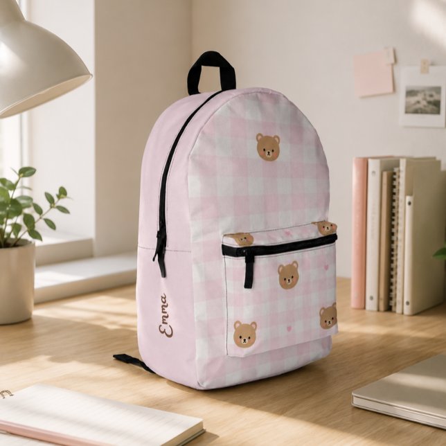 Cute Pink Gingham Bear Girl School Personalized Printed Backpack (Creator Uploaded)