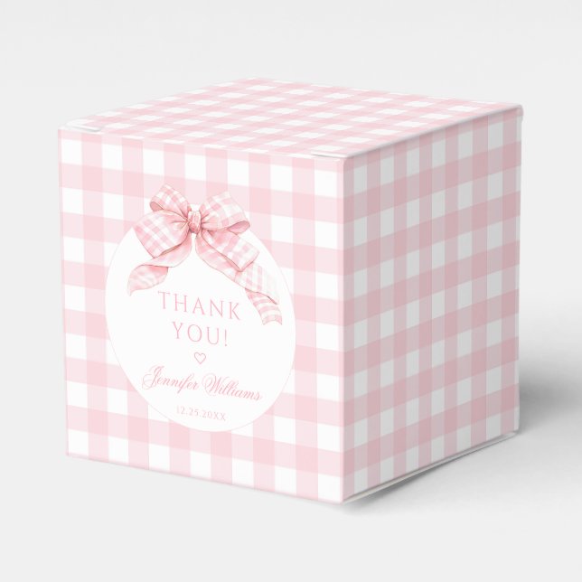 Cute Pink Gingham Bow Baby Girl Shower Gift Favor Box (Front Side)