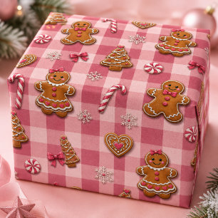 Cute Pink Gingham Gingerbread Snowflakes Christmas Wrapping Paper