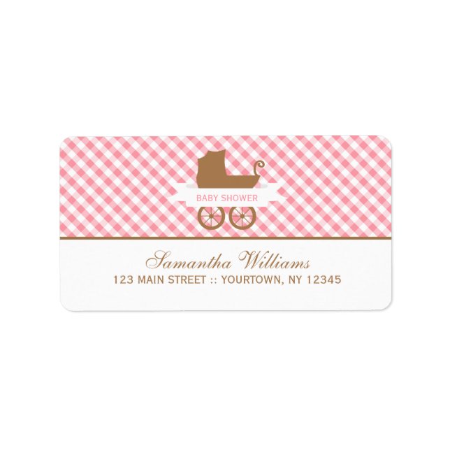 Cute Pink Gingham Pattern and Baby Carriage Label (Front)