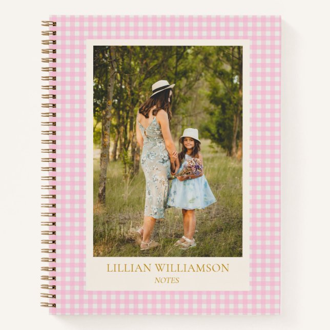 Cute Pink Gingham Photo Personalized Notes Journal (Front)