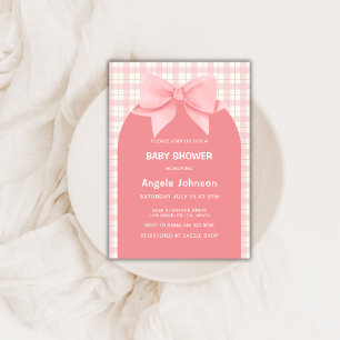 Cute Pink Gingham Plaid Arch Bow Girl Baby Shower  Invitation