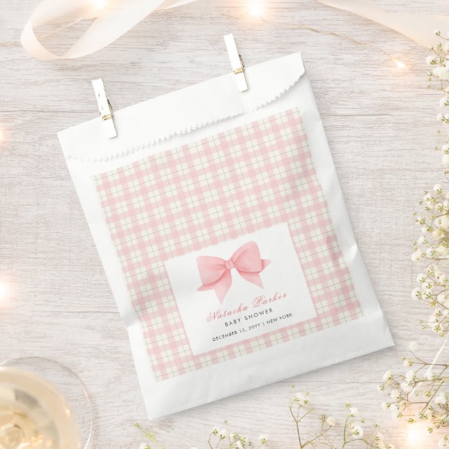 Cute Pink Gingham Plaid Bow Girl Baby Shower  Favour Bag (Clipped)