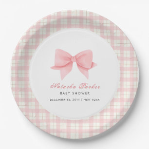 Cute Pink Gingham Plaid Bow Girl Baby Shower  Paper Plate