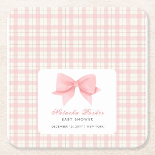 Cute Pink Gingham Plaid Bow Girl Baby Shower  Square Paper Coaster