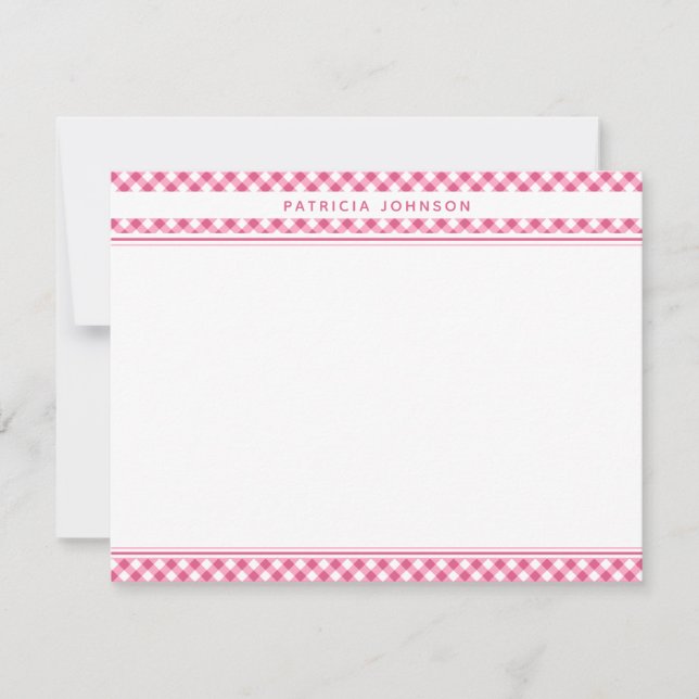 Cute Pink Gingham Plaid Personalized Card (Front)
